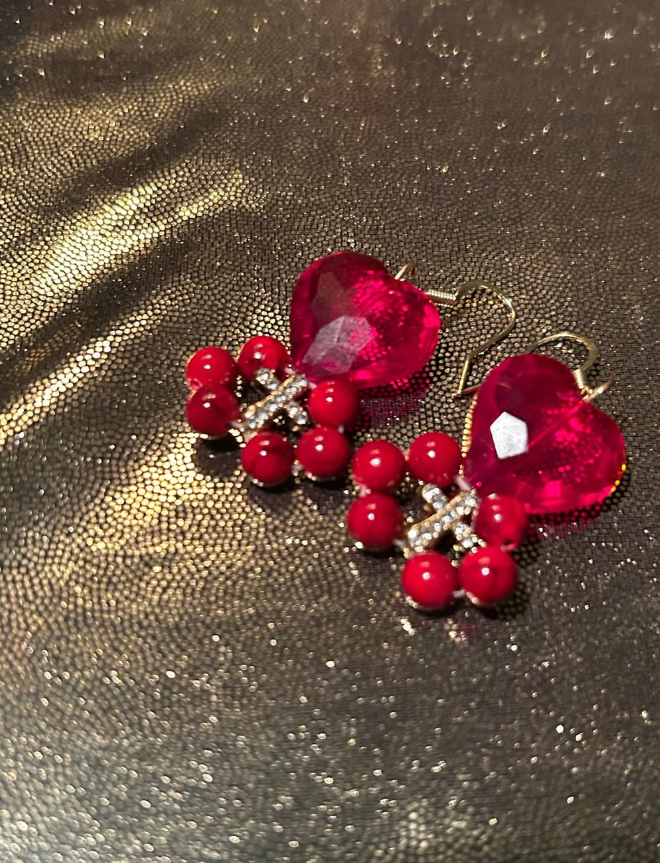 Red Dyed Quartz Cross Earrings