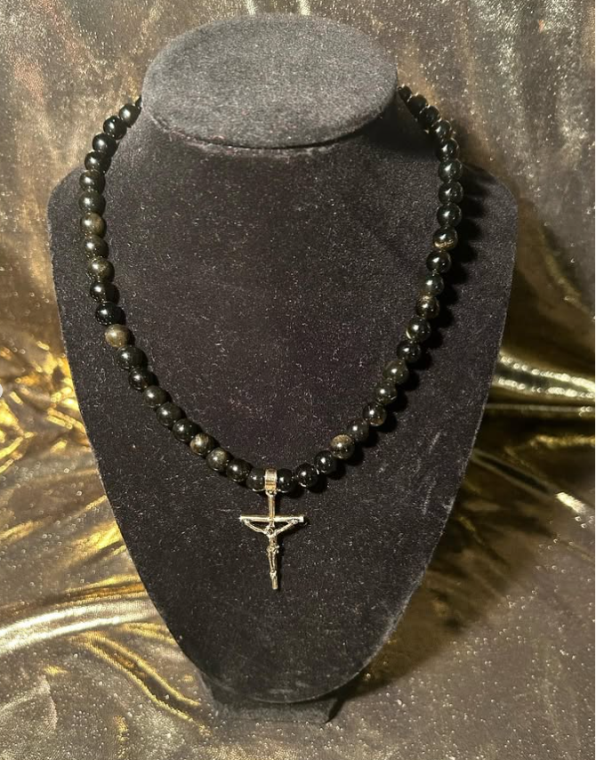 Golden Sheen Obsidian Crucifix Necklace