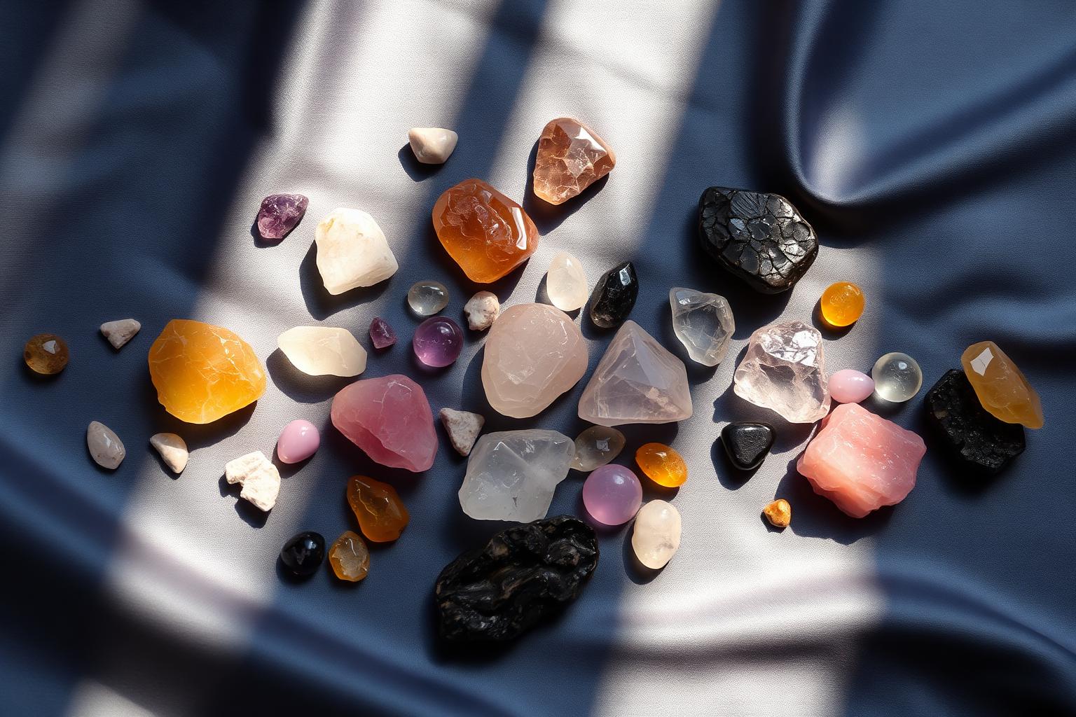 A flat-lay of raw crystals on indigo silk