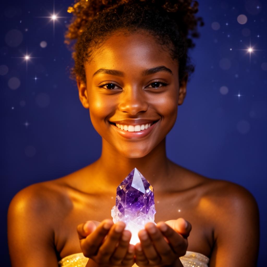 Eileen Dada, founder of Spirit Stones, holding a glowing amethyst